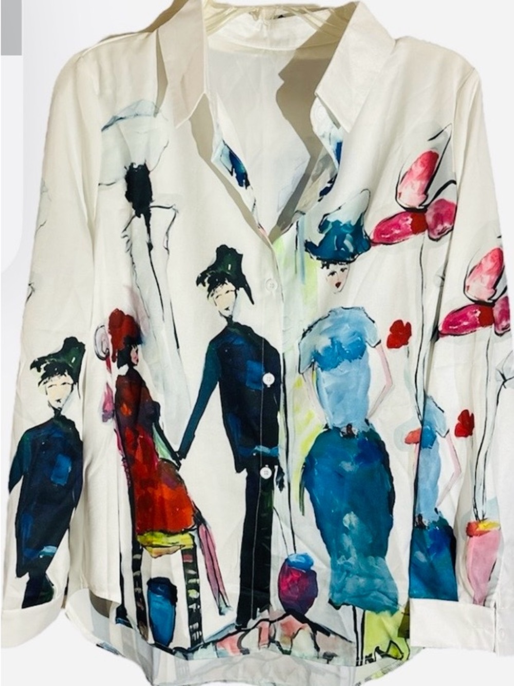 Abstract Watercolor Parisian Print Long-Sleeve Shirt - White/Multi - Picture 4 of 5